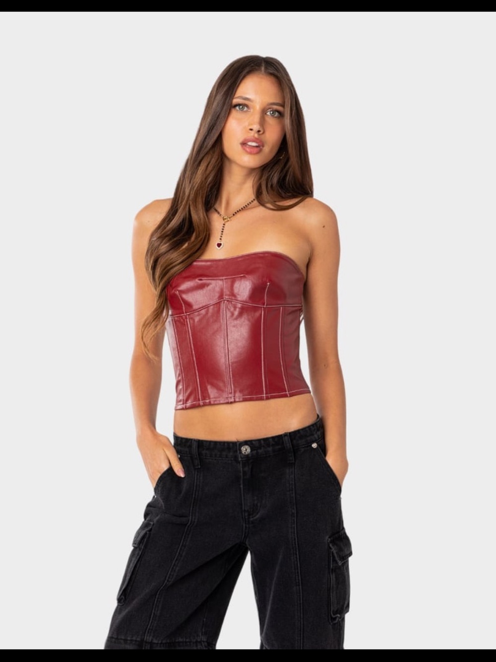 Edikted Red Faux Leather Strapless Corset Top